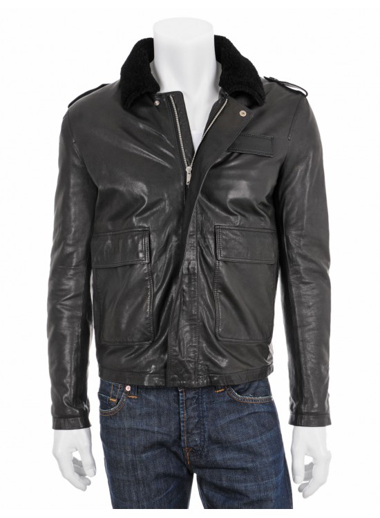 Zac Efron Black Shearling Collar Leather Jacket