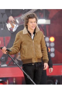Harry Styles Fur Collar Brown Suede Leather Bomber Jacket