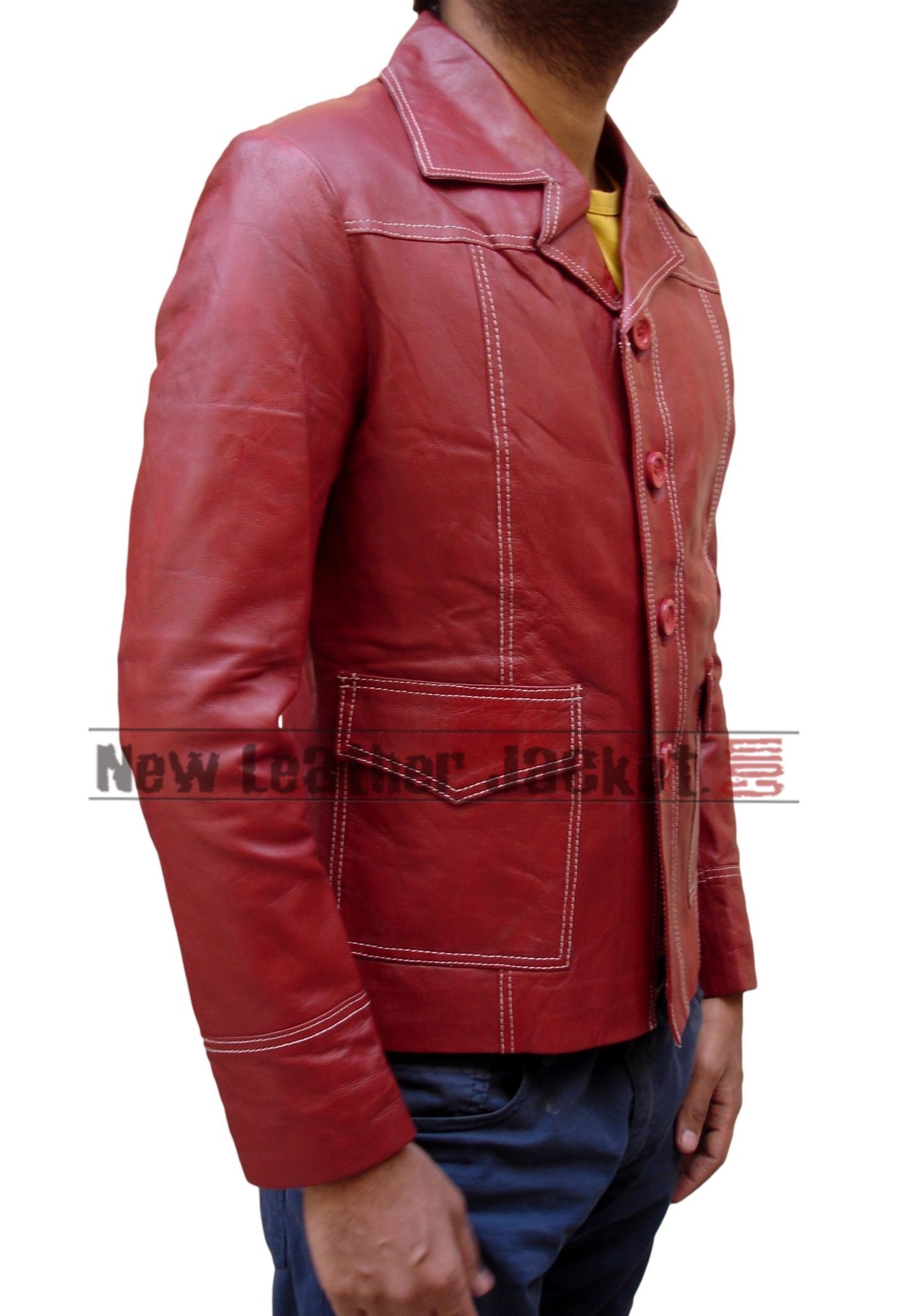 Fight Club Brad Pitt Red Leather Jacket | Feather Skin